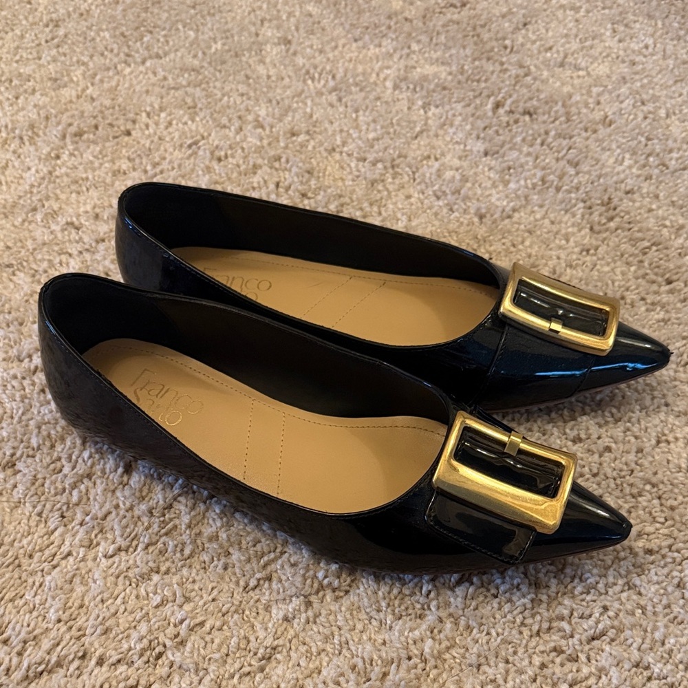 Franco Sarto Black Patent Pointed Toe Flats with Gold Buckle